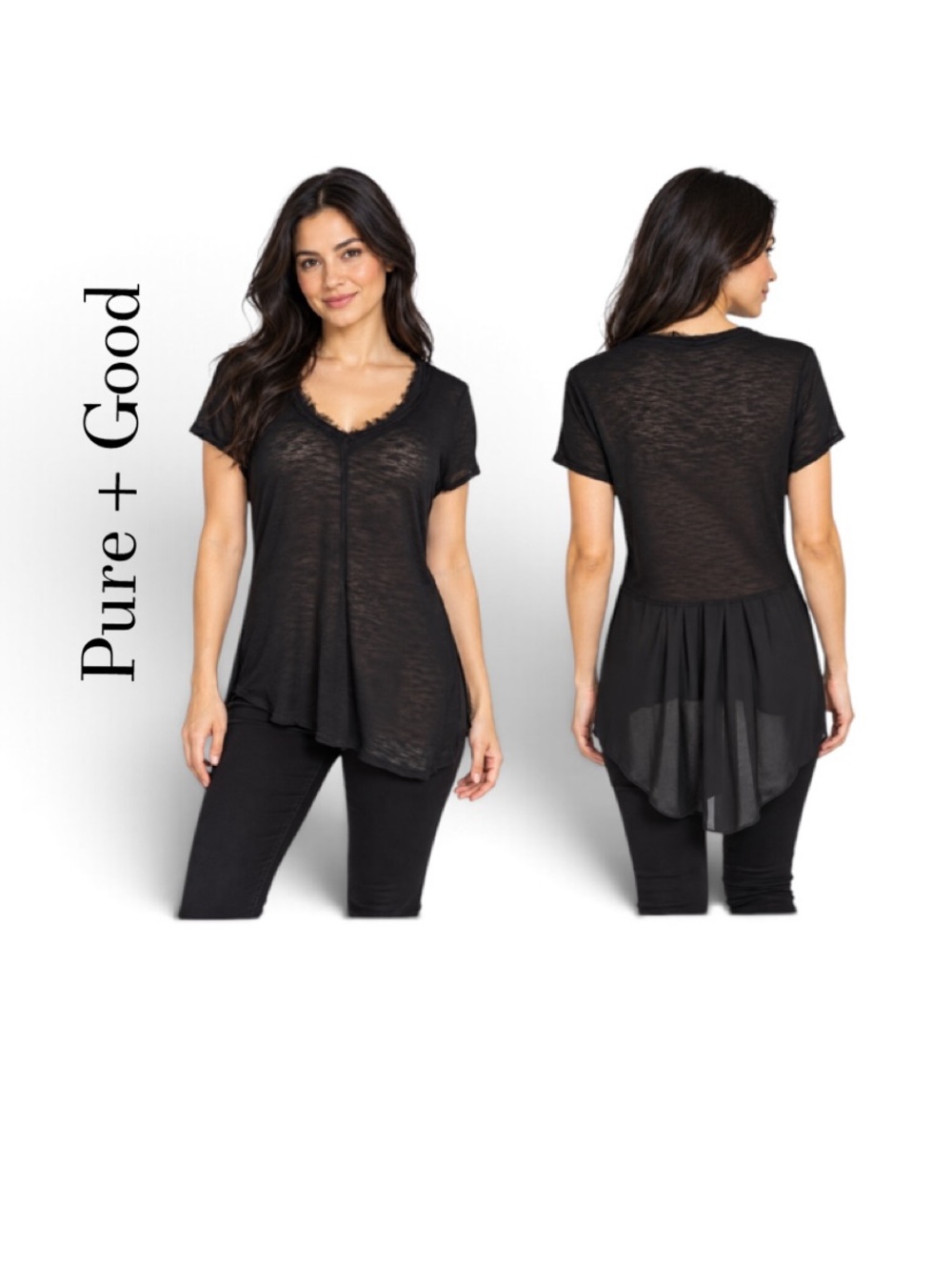 Pure + Good Black Burnout Cotton Chiffon Back Tee Size L